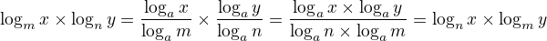 $\log_m{x}\times\log_n{y}=\frac{\log_a{x}}{\log_a{m}}\times\frac{\log_a{y}}{\log_a{n}}=\frac{\log_a{x}\times\log_a{y}}{\log_a{n}\times\log_a{m}}=\log_n{x}\times\log_m{y}$