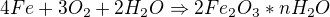 $4Fe+3O_{2}+2H_{2}O\Rightarrow 2Fe_{2}O_{3}*nH_{2}O$