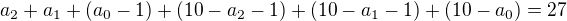 $a_{2}+a_{1}+(a_{0}-1)+(10-a_{2}-1)+(10-a_{1}-1)+(10-a_{0})=27$