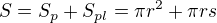 $S=S_{p}+S_{pl}=\pi r^{2}+\pi rs$
