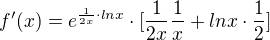 $f'(x)=e^{\frac{1}{2x}\cdot lnx}\cdot [\frac{1}{2x}\frac{1}{x}+lnx\cdot \frac{1}{2}]$