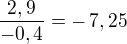 $\frac{2,9}{-0,4}=-\,7,25$