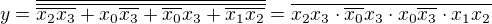 $y=\overline{\overline{\overline{x_2}\overline{x_3}+x_0\overline{x_3}+\overline{x_0}x_3+\overline{x_1}\overline{x_2}}} = \overline{x_2 x_3 \cdot \overline{x_0} x_3 \cdot x_0 \overline{x_3} \cdot x_1 x_2}$