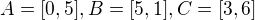 $A=[0, 5], B=[5, 1], C=[3, 6]$