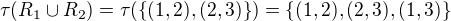$\tau(R_1 \cup R_2)=\tau(\{(1, 2), (2, 3)\})=\{(1, 2), (2, 3), (1, 3)\}$