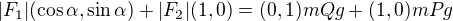 $|F_1| (\cos \alpha, \sin \alpha) + |F_2| (1,0) = (0,1) mQ g + (1,0) mP g$