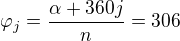 $\varphi _j=\frac{\alpha +360j}{n}=306$