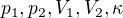$p_1, p_2, V_1, V_2, \kappa$