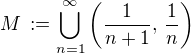 $M \,:= \bigcup_{n=1}^{\infty}\(\frac{1}{n+1}, \,\frac{1}{n}\)$