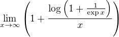 $\lim_{x \to \infty} \(1 + \frac{\log \(1 + \frac{1}{\text{exp}\, x}\)}{x}\)$