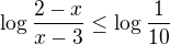 $\log_{}\frac{2-x}{x-3}\le \log_{}\frac{1}{10}$