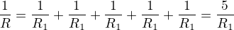kopírovat do textarea $\frac{1}{R}=\frac{1}{R_1}+\frac{1}{R_1}+\frac{1}{R_1}+\frac{1}{R_1}+\frac{1}{R_1}=\frac{5}{R_1}$