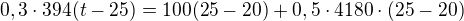 $0,3\cdot394(t-25)=100(25-20)+0,5\cdot 4180\cdot (25-20)$