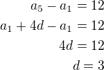$a_5-a_1=12\\a_1+4d-a_1=12\\4d=12\\d=3$