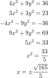 $4x^2+9y^2=36\\3x^2+3y^2=23\\-4x^2-9y^2=-36\\9x^2+9y^2=69\\5x^2=33\\x^2=\frac{33}{5}\\x=\pm\frac{\sqrt{165}}{5}$