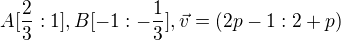 $A[\frac{2}{3}:1], B[-1:-\frac{1}{3}], \vec{v}=(2p-1:2+p)$