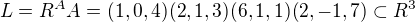 $L=R^A A={(1,0,4) (2,1,3) (6,1,1) (2,-1,7)} \subset R^3$