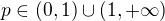 $p\in(0,1)\cup(1,+\infty)$