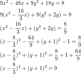 $9x^2-48x+9y^2+18y=8\nl9(x^2-\frac{16}{3}x)+9(y^2+2y)=8\nl(x^2-\frac{16}{3}x)+(y^2+2y)=\frac89\nl(x-\frac83)^2-\frac{64}{9}+(y+1)^2-1=\frac89\nl(x-\frac83)^2+(y+1)^2=\frac89+1+\frac{64}{9}\nl(x-\frac83)^2+(y+1)^2=9$