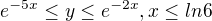 $e^{-5x}\le y\le e^{-2x}, x\le ln6$