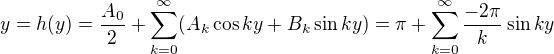$y = h(y) = \frac {A_0}{2} + \sum_{k=0}^{\infty}(A_k \cos ky + B_k \sin ky) = \pi + \sum_{k=0}^{\infty}\frac{-2\pi}{k} \sin ky $