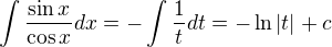 $\int{\frac{\sin x}{\cos x}dx}=-\int{\frac{1}{t}dt}=-\ln{|t|} +c$