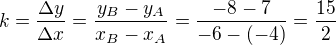 $k = \frac{\Delta y}{\Delta x} = \frac{y_B - y_A}{x_B - x_A} = \frac{-8-7}{-6-(-4)} = \frac{15}{2}$