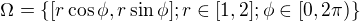 $\Omega=\{[r\cos\phi,r\sin\phi]; r\in[1,2]; \phi\in[0,2\pi) \}$