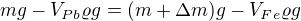 $mg-V_{Pb}\varrho g=(m+\Delta m)g-V_{Fe}\varrho g$