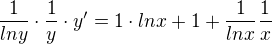 $\frac{1}{lny}\cdot \frac{1}{y}\cdot y'=1\cdot lnx+1+\frac{1}{lnx}\frac{1}{x}$