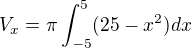$V_{x}=\pi \int_{-5}^{5}(25-x^{2})dx$