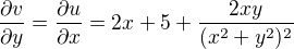 kopírovat do textarea $\frac{\partial v}{\partial y}=\frac{\partial u}{\partial x}=2x+5+\frac{2xy}{(x^{2}+y^{2})^{2}}$