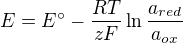 kopírovat do textarea $E = E° - \frac{RT}{zF}\ln \frac{a_{red}}{a_{ox}}$