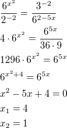 $\frac{6^{x^2}}{2^{-2}}=\frac{3^{-2}}{6^{2-5x}}\nl4\cdot 6^{x^2}=\frac{6^{5x}}{36\cdot 9}\nl1296\cdot 6^{x^2}=6^{5x}\nl6^{x^2+4}=6^{5x}\nlx^2-5x+4=0\nlx_1=4\nlx_2=1$