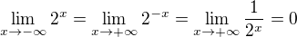 $\lim_{x\to-\infty}2^x=\lim_{x\to+\infty}2^{-x}=\lim_{x\to+\infty}\frac{1}{2^{x}}=0$