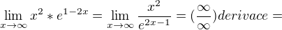 $\lim_{x\to\infty }x^{2}*e^{1-2x}=\lim_{x\to\infty }\frac{x^{2}}{e^{2x-1}}=(\frac{\infty }{\infty })derivace=$