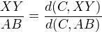 $\frac{XY}{AB}=\frac{d(C,XY)}{d(C,AB)}$