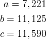 $a=7,221\\b=11,125\\c=11,590$