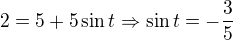 $2=5+5\sin t \Rightarrow \sin t = -\frac 3 5$