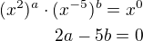 $(x^2)^a\cdot (x^{-5})^b=x^0\\2a-5b=0$