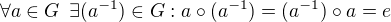 $\forall a \in G\ \,\exists (a^{-1})\in G:a\circ (a^{-1})=(a^{-1})\circ a=e$