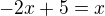 $-2x + 5 = x$
