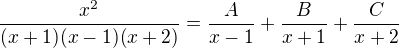 kopírovat do textarea $\frac{x^{2}}{(x+1) (x-1) (x+2)}=\frac{A}{x-1}+\frac{B}{x+1}+\frac{C}{x+2}$