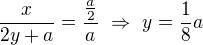 $\frac x{2y+a}=\frac{\frac a2}a\ \Rightarrow\ y=\frac18a$