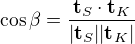 $\cos\beta=\frac{\textbf{t}_S\cdot\textbf{t}_K}{|\textbf{t}_S||\textbf{t}_K|}$