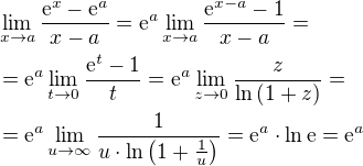 $\lim_{x\to a}\frac{\mathrm{e}^{x}- \mathrm{e}^{a}}{x-a}=\mathrm{e}^a\lim_{x\to a}{\frac{\mathrm{e}^{x-a}-1}{x-a}}=\nl=\mathrm{e}^{a}\lim_{t\to 0}{\frac{\mathrm{e}^t-1}{t}}=\mathrm{e}^{a}\lim_{z\to 0}{\frac{z}{\ln{\left(1+z\right)}}}=\nl =\mathrm{e}^{a}\lim_{u\to \infty}{\frac{1}{u\cdot\ln{\left(1+\frac{1}{u}\right)}}}=\mathrm{e}^a\cdot\ln{\mathrm{e}}=\mathrm{e}^{a}$