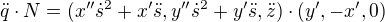 $\ddot q\cdot N = (x''\dot s^2+x'\ddot s,y''\dot s^2+y'\ddot s,\ddot z)\cdot (y',-x',0)$