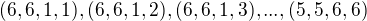$(6,6,1,1), (6,6,1,2), (6,6,1,3), ...,(5,5,6,6)$