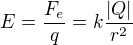 $E=\frac{F_{e}}{q}=k\frac{|Q|}{r^{2}}$