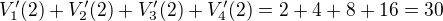 $V_1'(2) + V_2'(2) + V_3'(2) + V_4'(2) = 2 + 4 + 8 + 16 = 30$